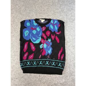 Vintage 80s Career Guild Vest Sweater Mens Small Black Blue Floral Wool Blend